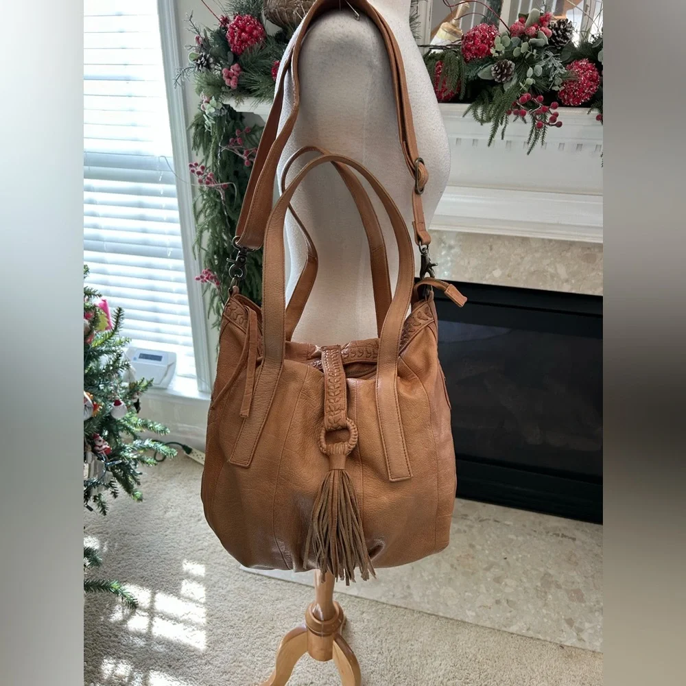 Day & Mood Tan Leather Convertible Hobo Bag